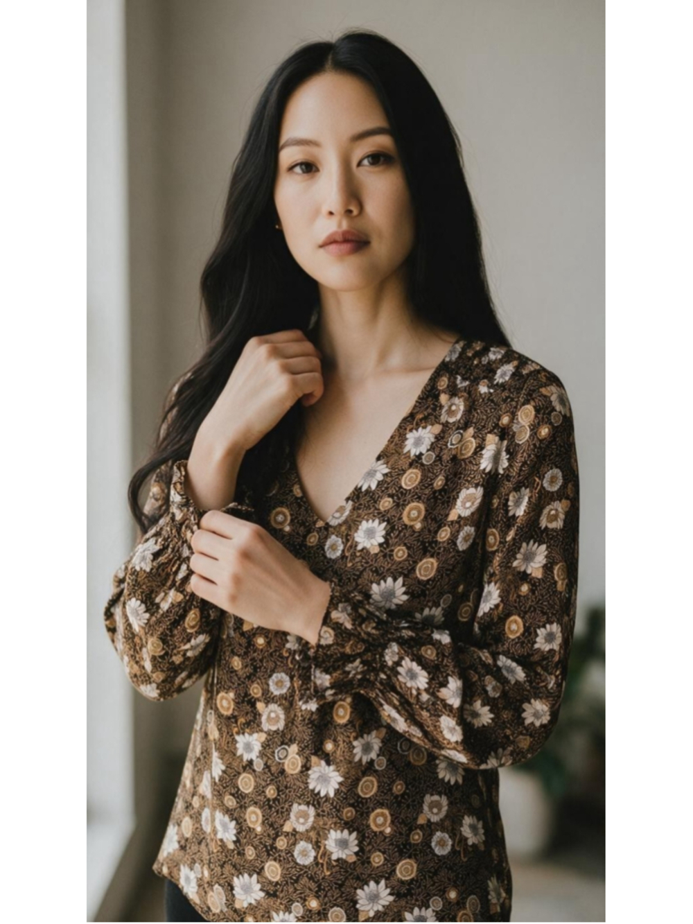 Women's Lucky Brand Floral Blouse Size M Brown White Long Sleeve